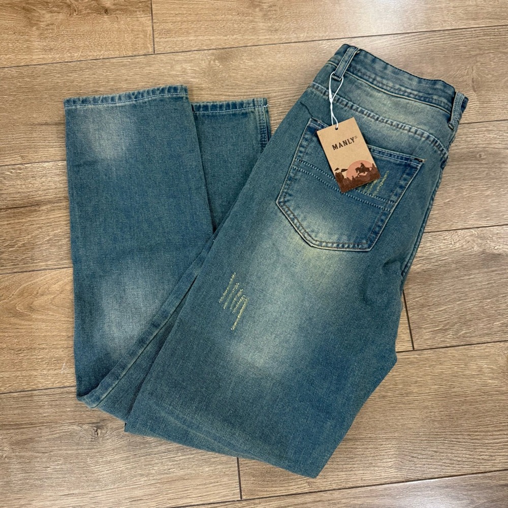 Manly NWT Casual Washed Distressed Pocket Jeans‎ Size 34x32 Straight Fit